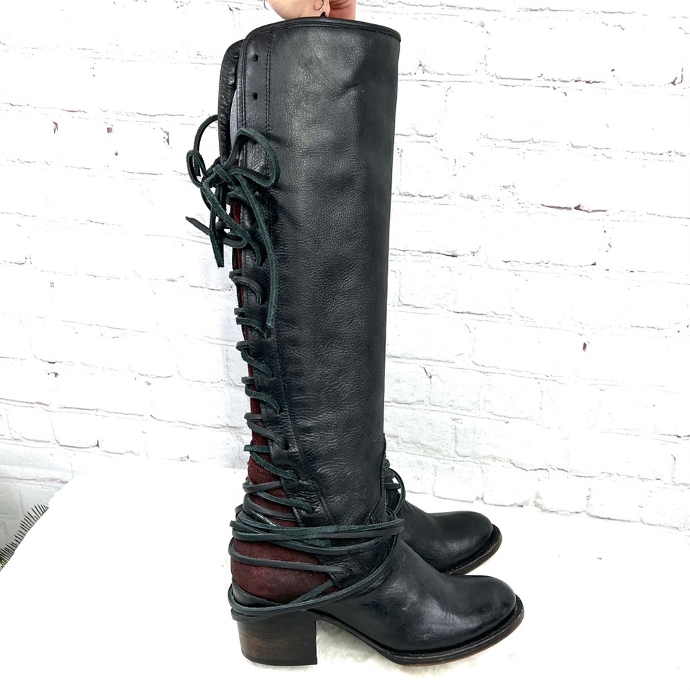 🚫SOLD! 🐎🤠|•FREEBIRD•| Black 'Coal' Lace Up Black Leather & Burgundy Suede🐎 - Picture 1 of 15